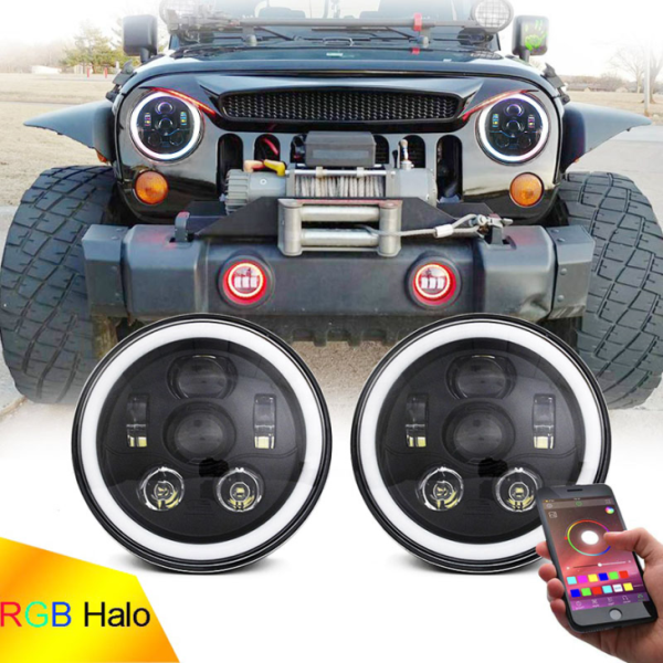 RGB Halo LED-forlygter 7 tommer til Jeep Wrangler JK JL Multi-funktion RGB-forlygte